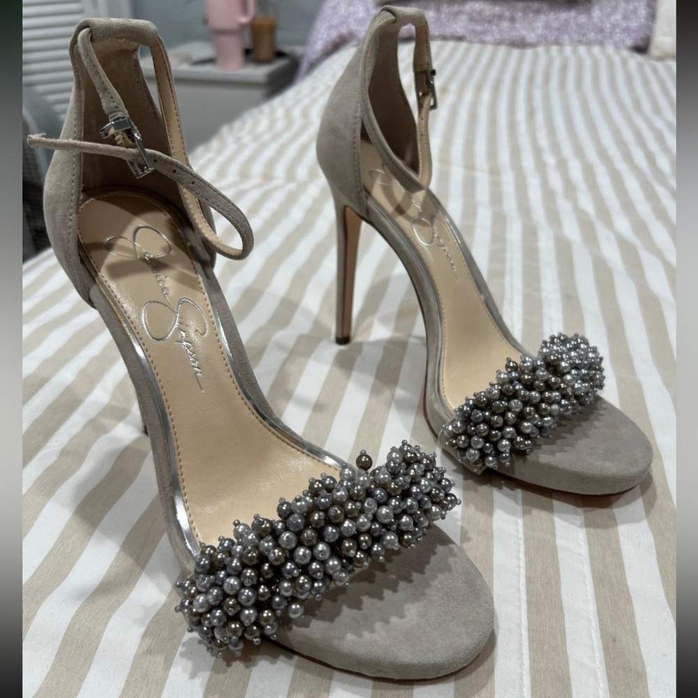 Jessica Simpson Pearl Embellished Heels in Gray